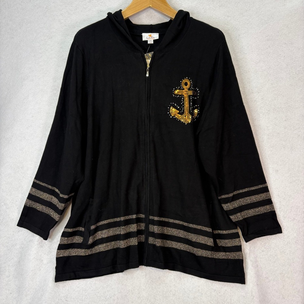 Quacker Factory Black Sequin Anchor Zip Up Hoodie Women 2X Nautical Glam Coastal